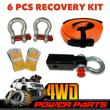 Load image into Gallery viewer, 6 Piece Winch Recovery Kit Snatch Strap Hitch Receiver Bow Shackles Gloves 4WD