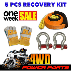 5 Piece Winch Recovery Kit Snatch Strap Bow Shackles Gloves 4WD Off Road Tow 4x4