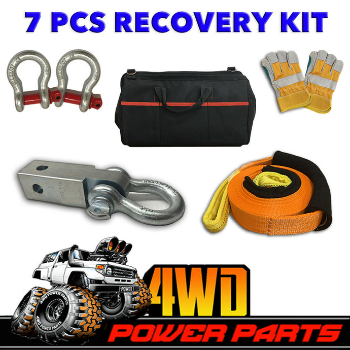 4WD Recovery Kit Snatch Strap Hitch Receiver Bow Shackles Gloves Bag Winch 7 PCS