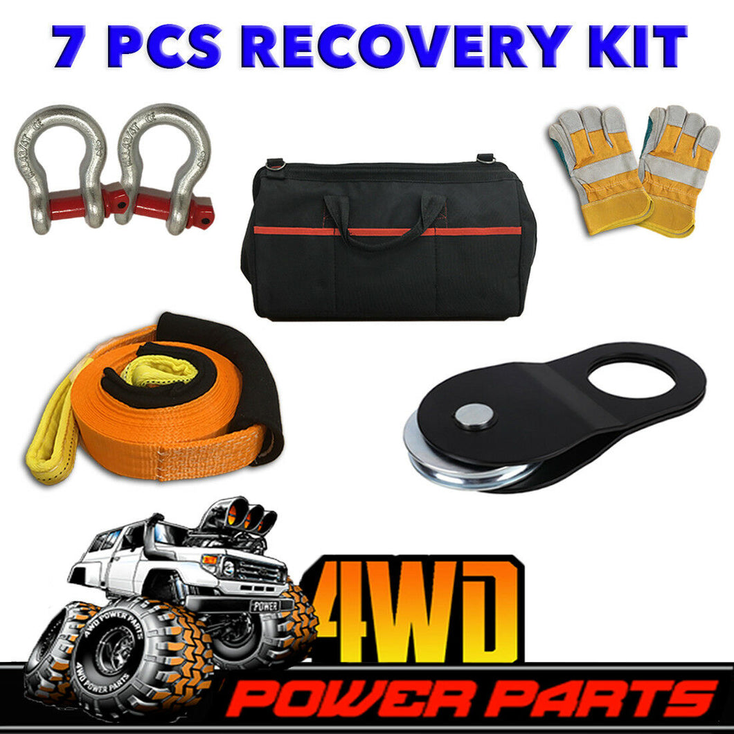 4WD Recovery Kit Snatch Block Snatch Strap Bow Shackles Gloves Bag Winch 7 PCS