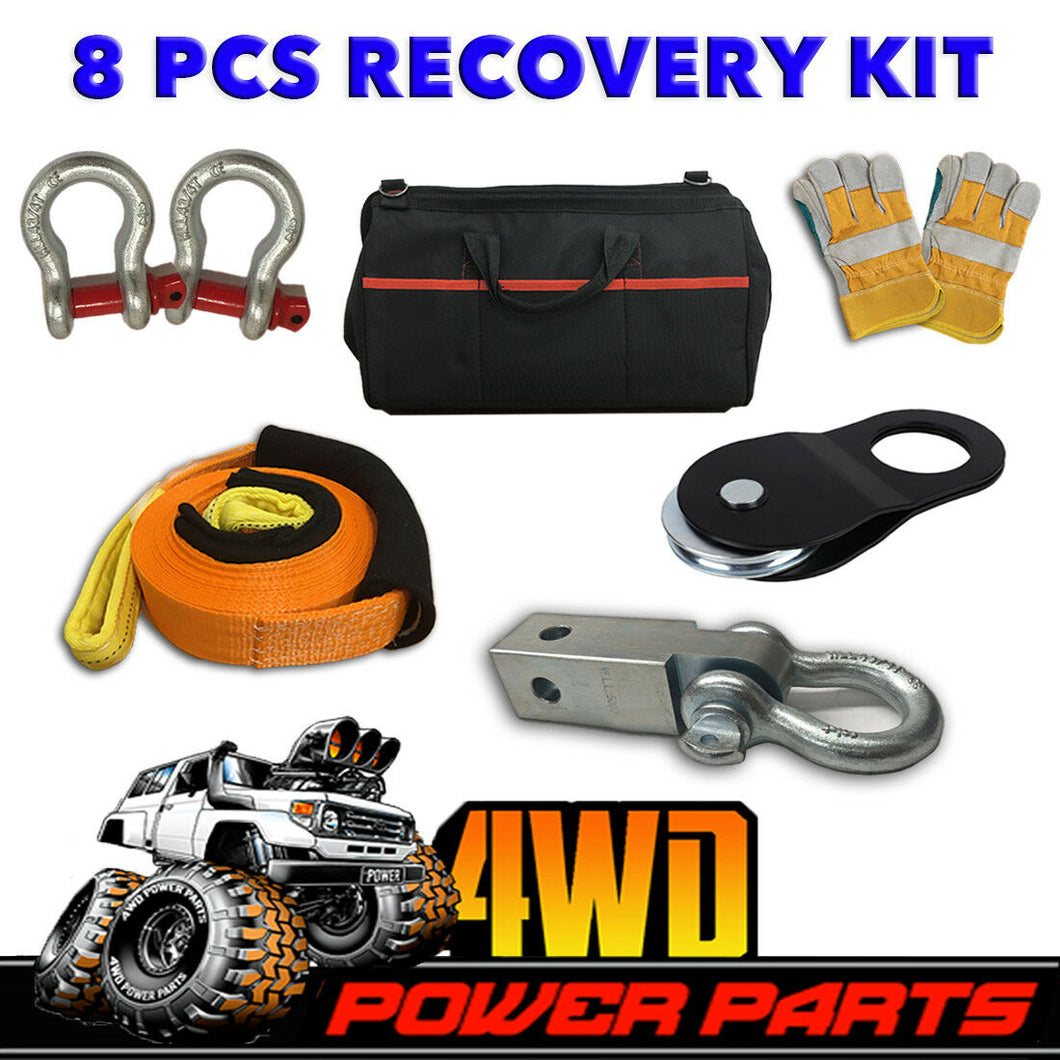 4WD Recovery Kit Snatch Block Strap Hitch Receiver Bow Shackles Gloves Bag 8 PCS